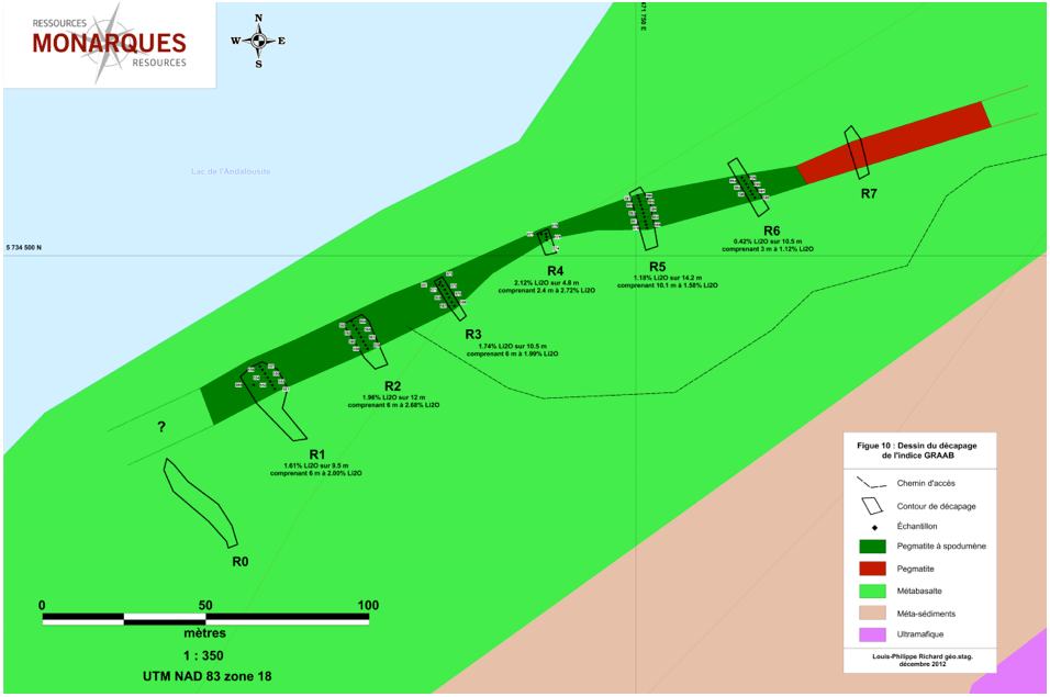 Figure 1. Trenching program at Lemare showing the six trenches channel sampled