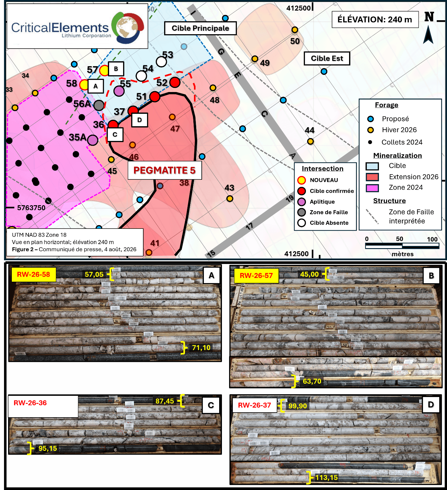 Projection en plan de la Pegmatite 5 – Contours de la zone et des extensions ciblées.