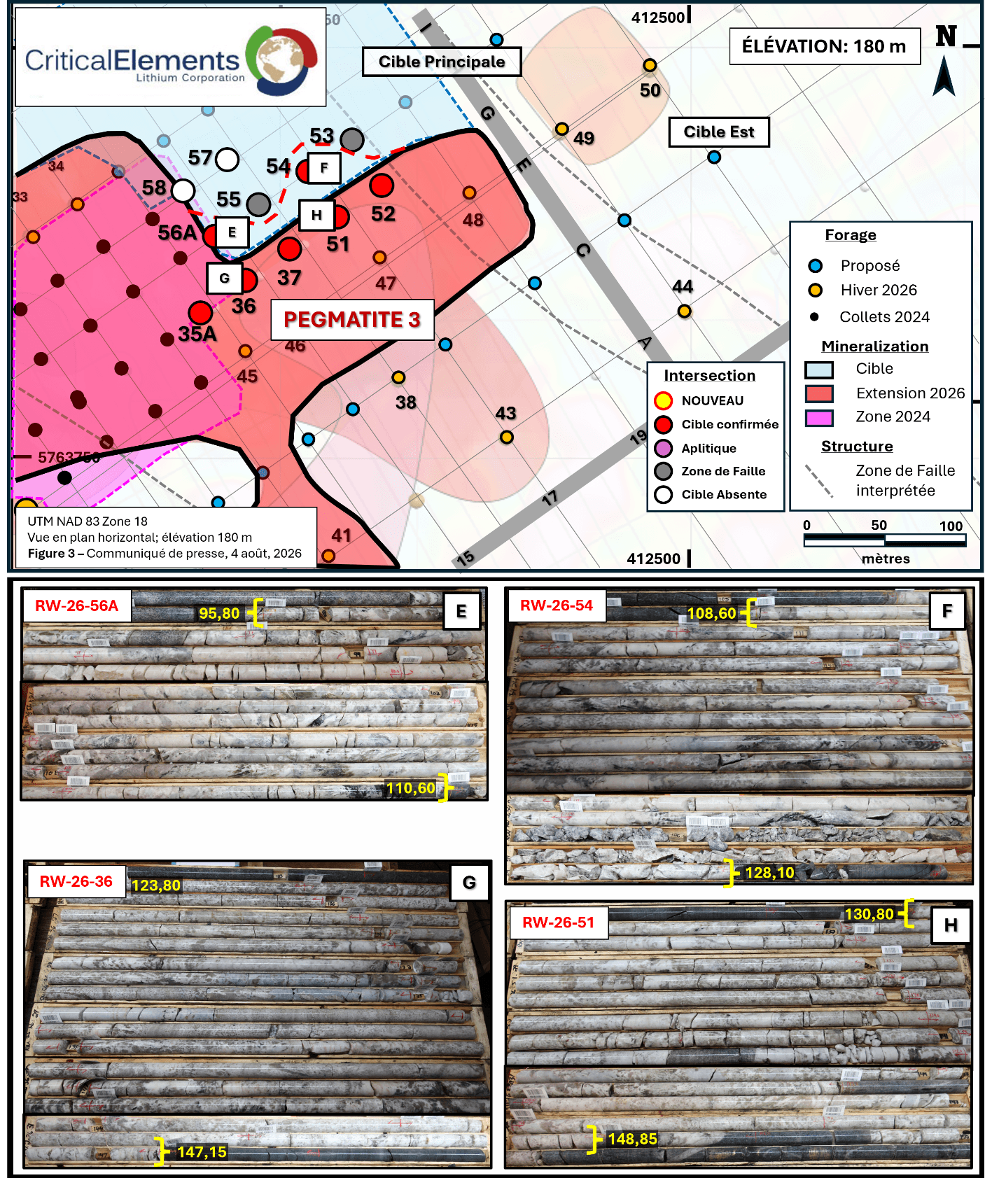 Projection en plan de la Pegmatite 3 – Contours de la zone et des extensions ciblées.