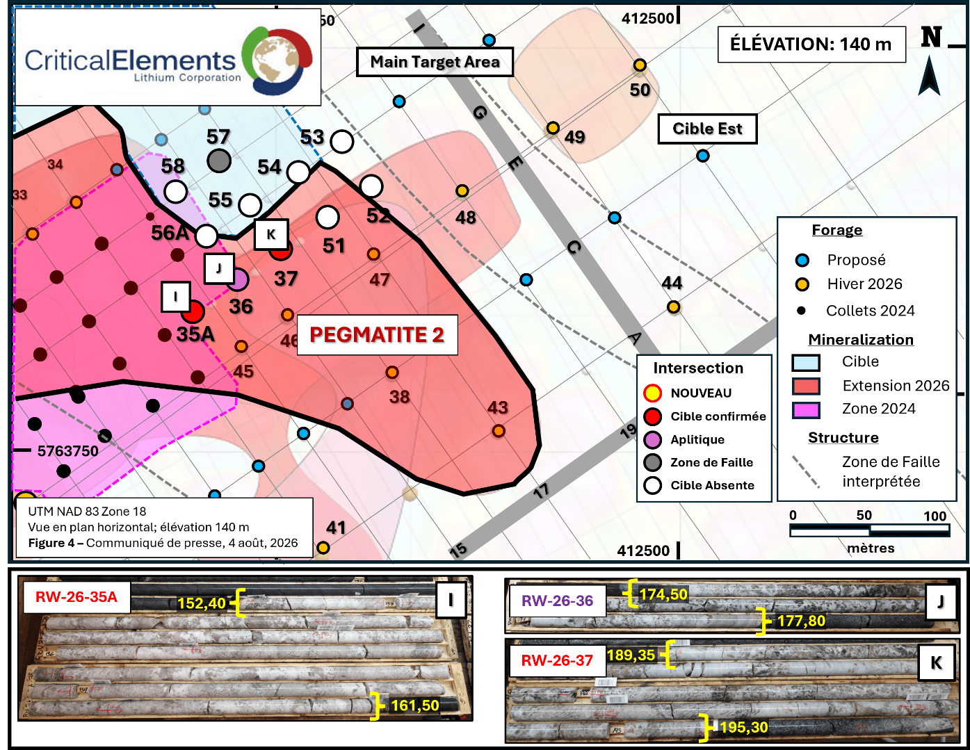 Projection en plan de la Pegmatite 2 – Contours de la zone et des extensions ciblées.